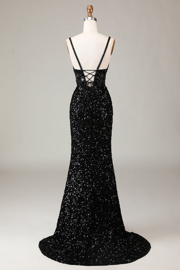 Glitter Mirror Sequins Black Corset Ball Dress with Slit